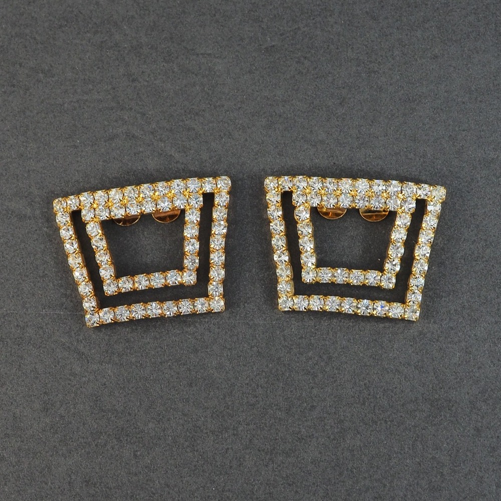 Vintage Shoe Clips Large Gold Tone Clear Rhinestone Geometric Square Statement